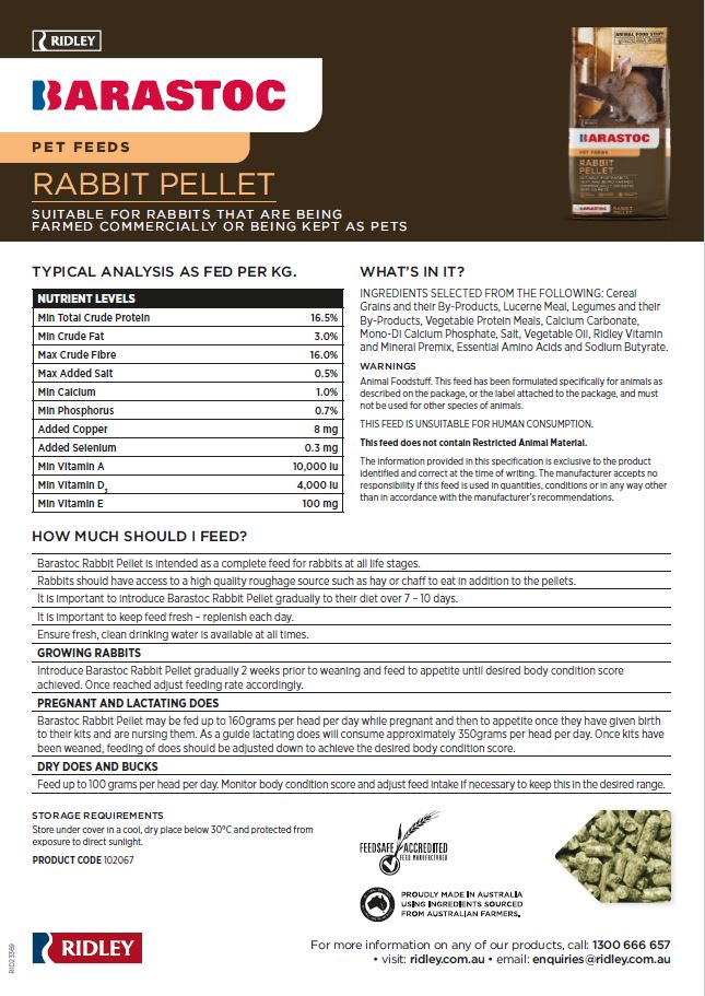 BARASTOC RABBIT PELLETS 20KG
