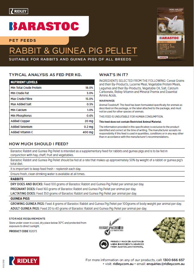 BARASTOC RABBIT AND GUINEA PIG PELLETS 20KG