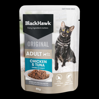 BLACKHAWK CAT CHICKEN & TUNA IN GRAVY 85G