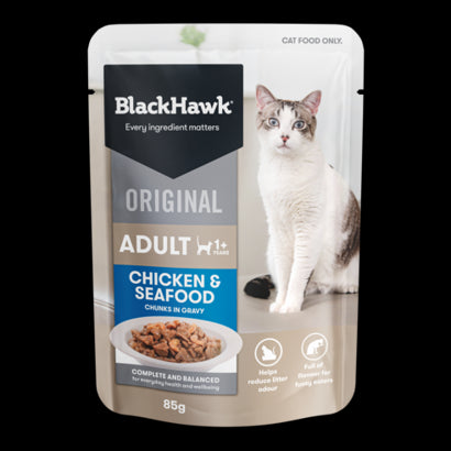 BLACKHAWK CAT CHICKEN & SEAFOOD IN GRAVY 85G