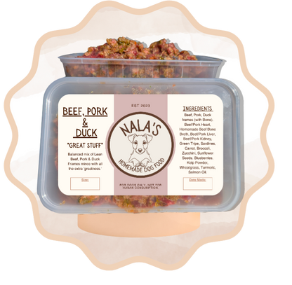 NALAS DOG FOOD BEEF,PORK & DUCK "GREAT STUFF"