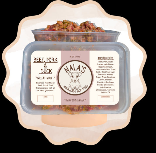 NALAS DOG FOOD BEEF,PORK & DUCK "GREAT STUFF"